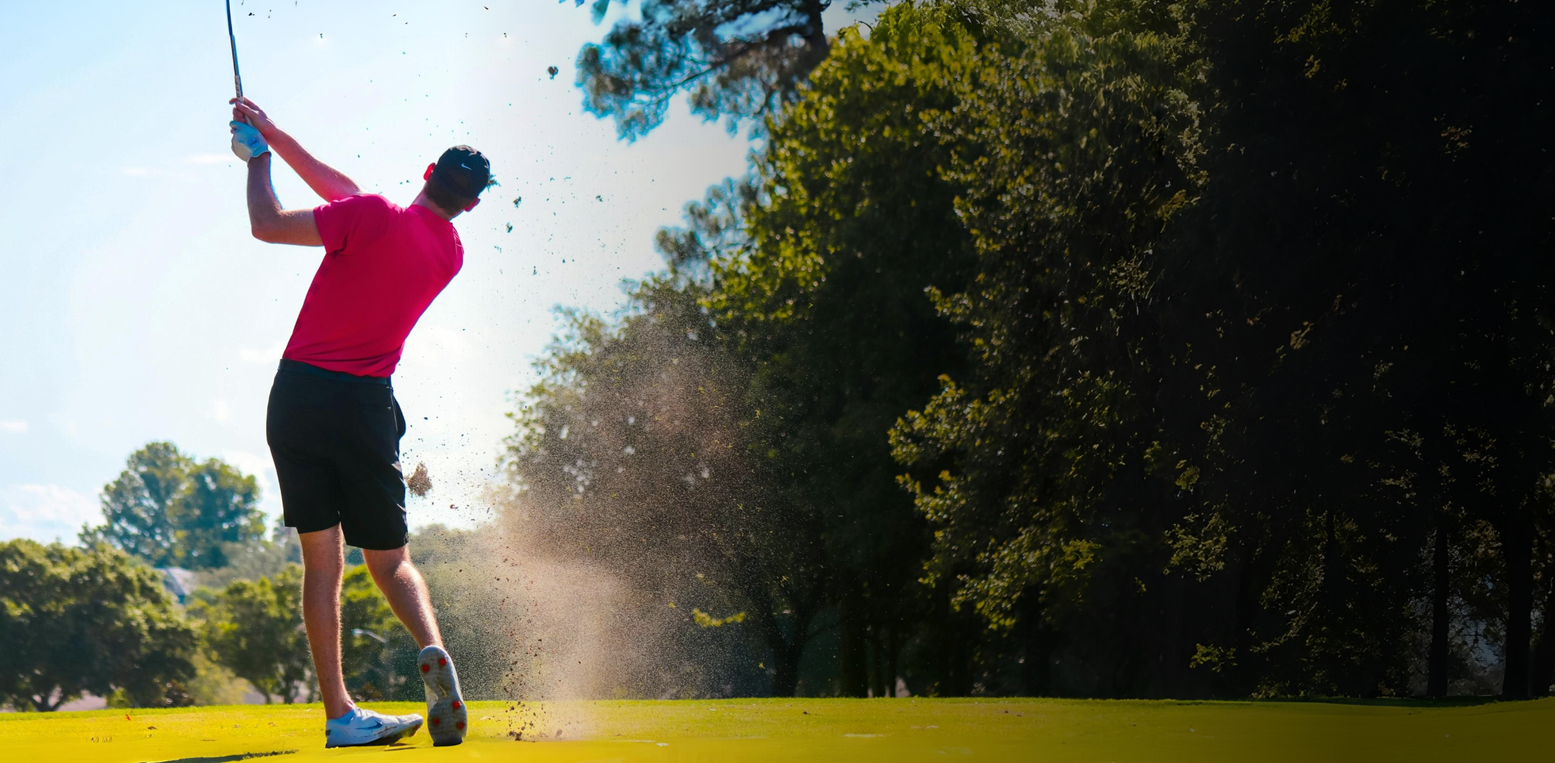 Person playing golf on a course with trees in the background